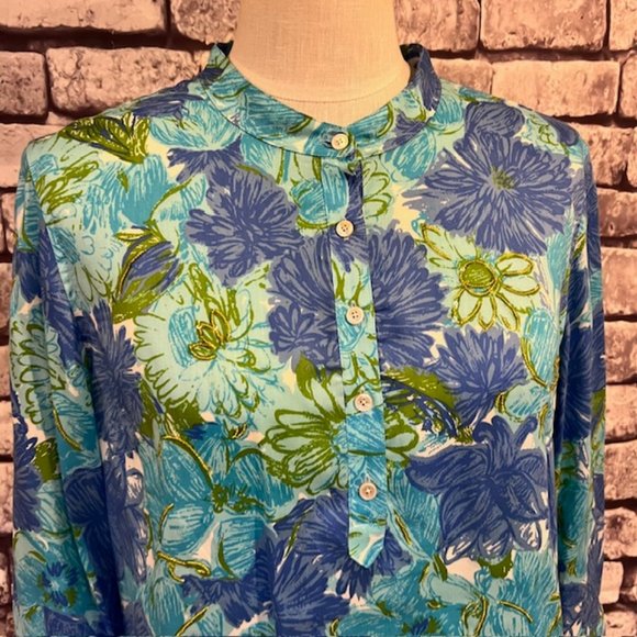 Talbots Blue, White & Green 3/4 Sleeve Blouse Size M - Picture 2 of 9